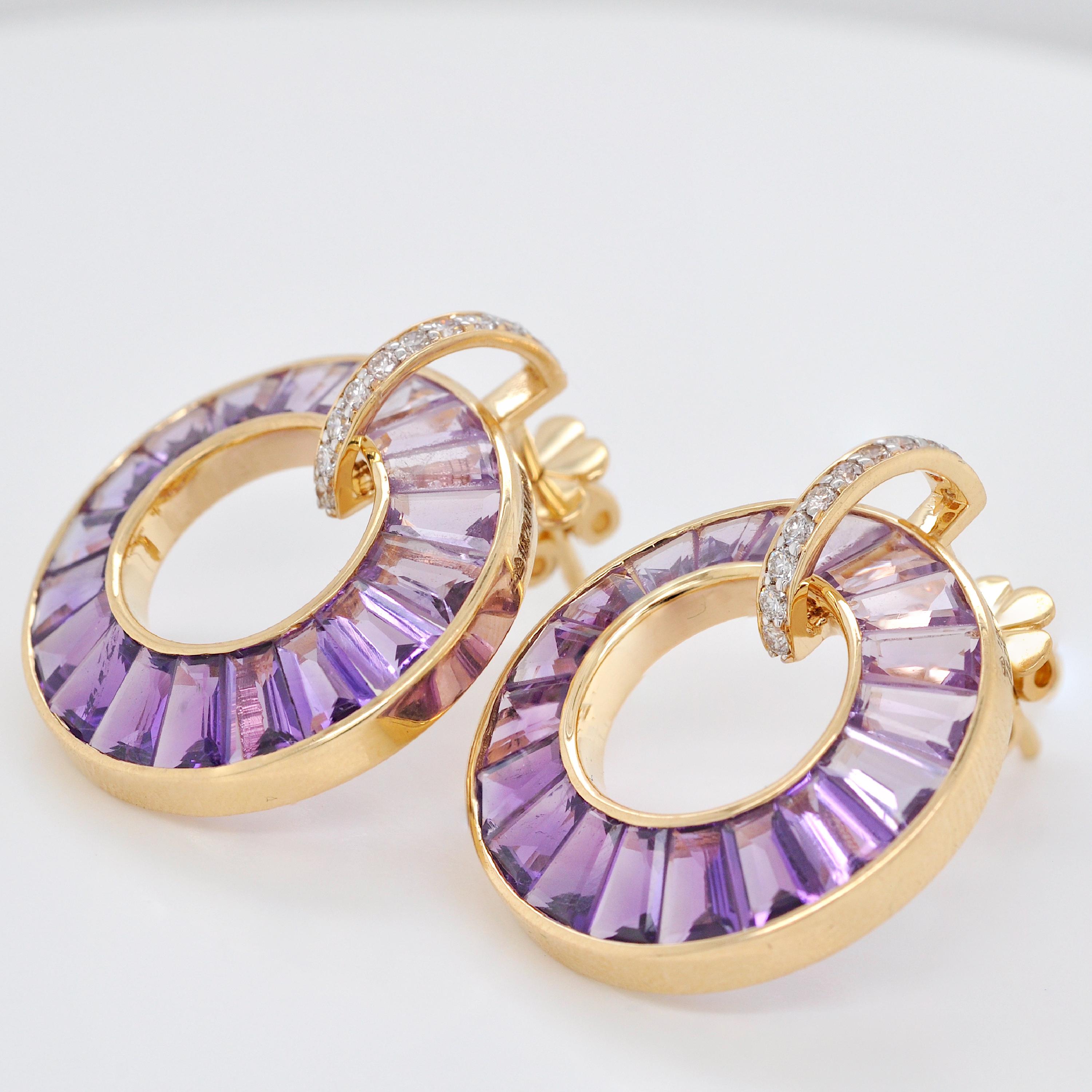 18 Karat Yellow Gold Tapered Baguettes Amethyst Diamond Circle Earrings For Sale 1