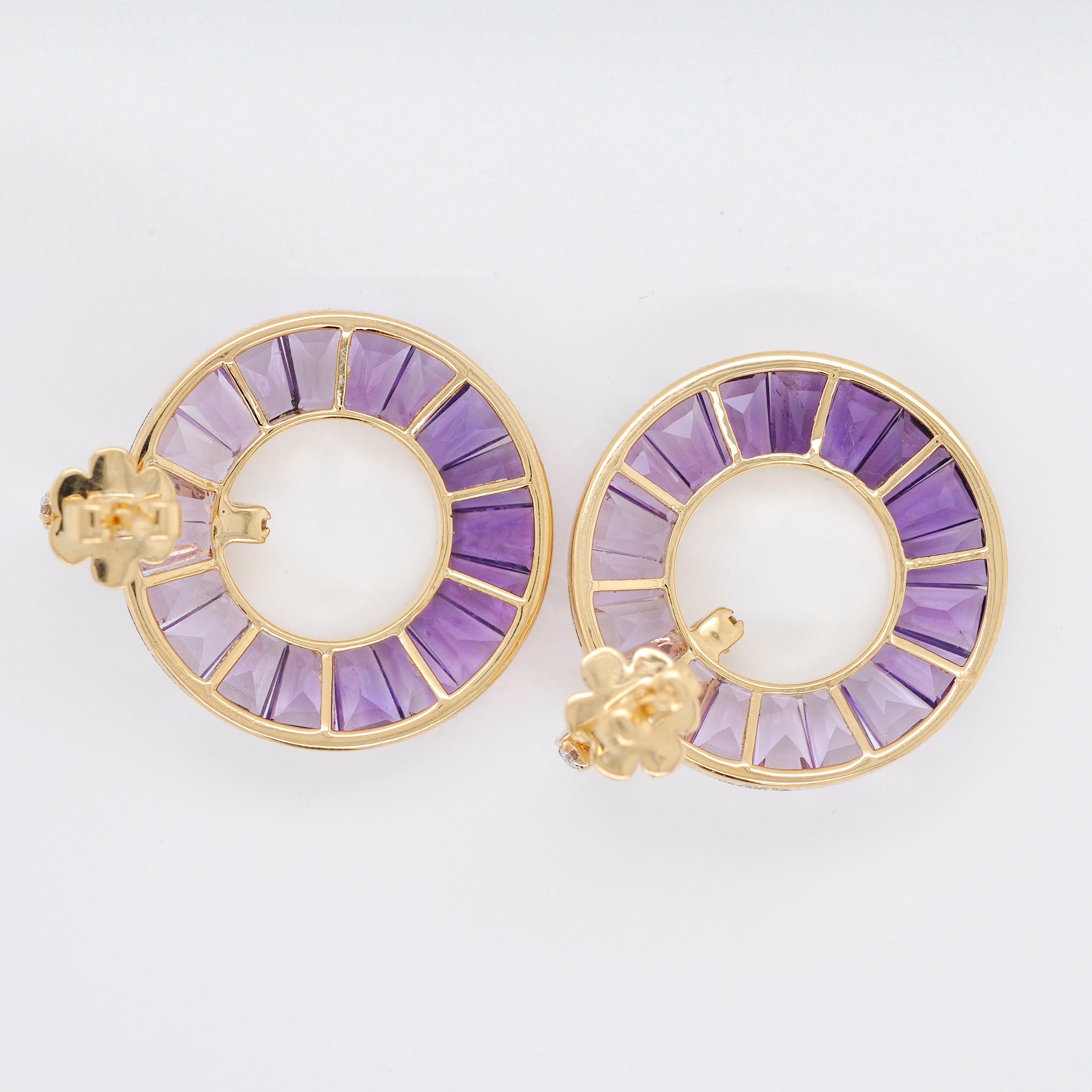 18 Karat Yellow Gold Tapered Baguettes Amethyst Diamond Circle Earrings For Sale 2