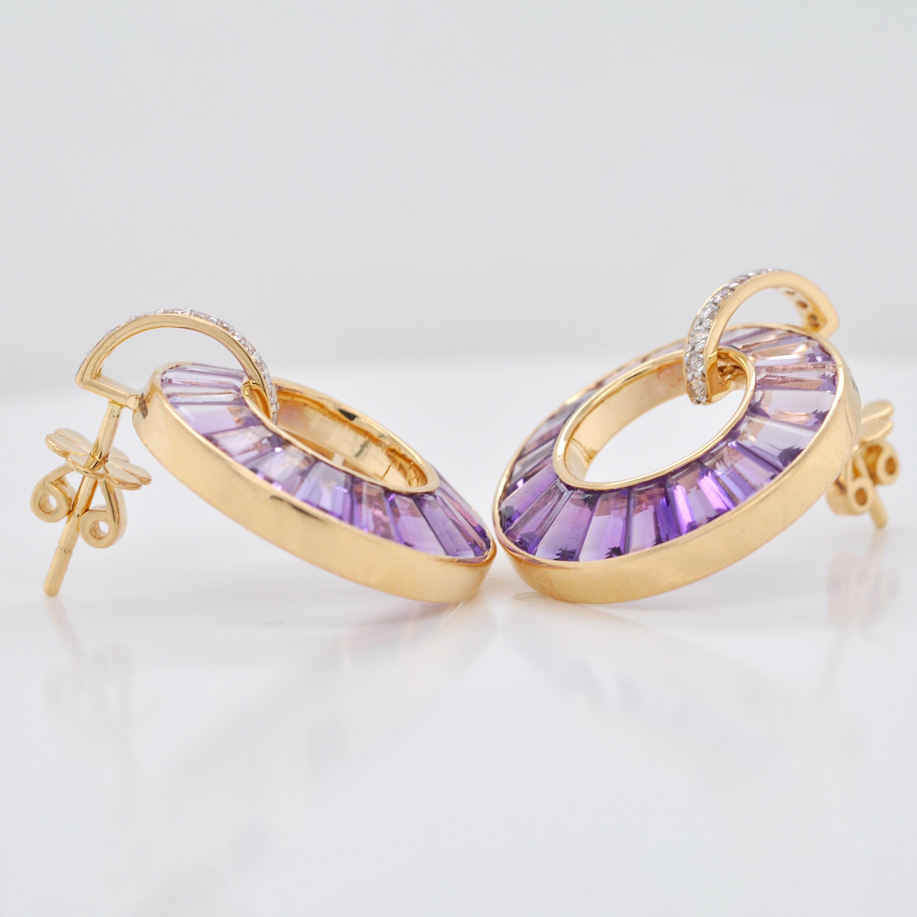 18 Karat Yellow Gold Tapered Baguettes Amethyst Diamond Circle Earrings For Sale 3