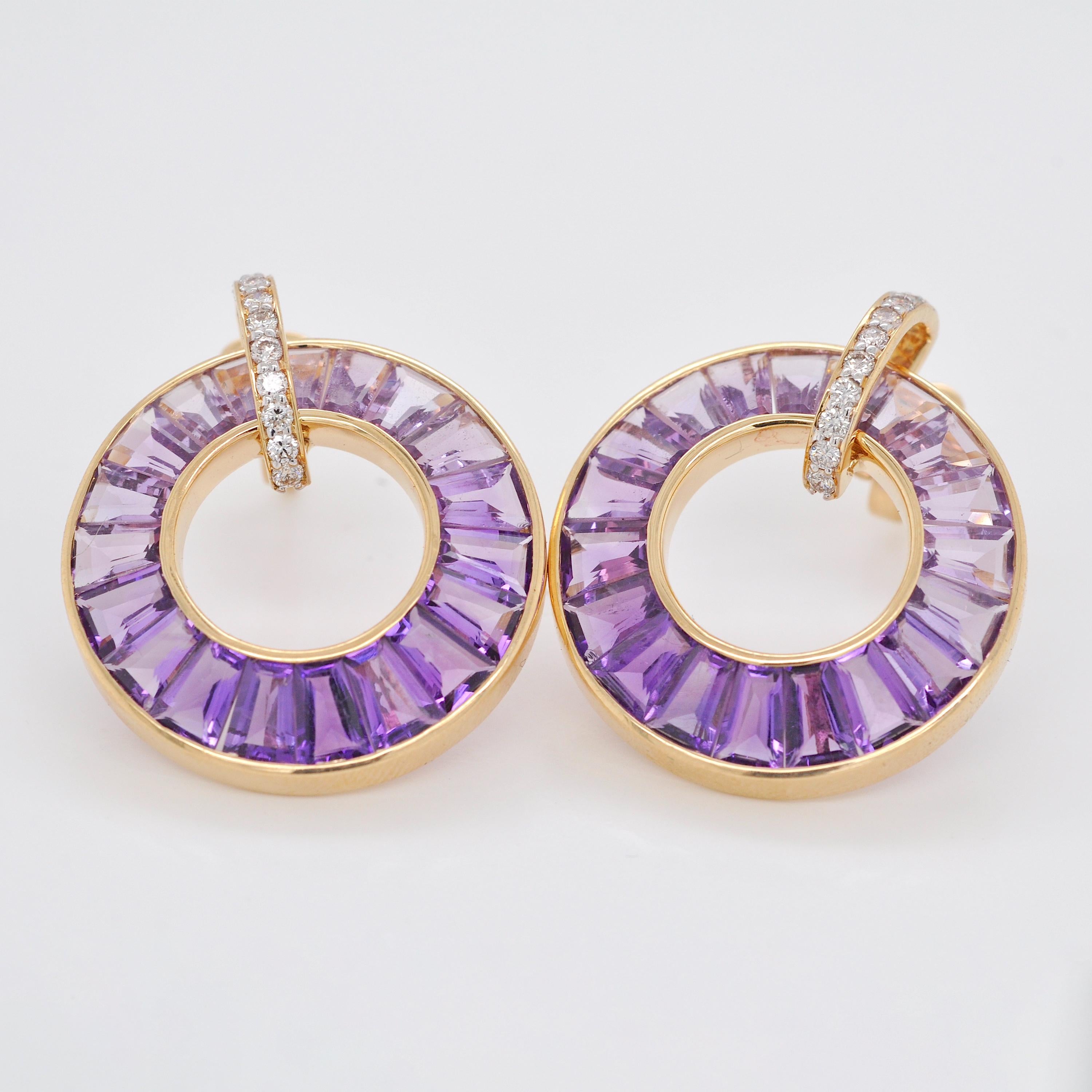 18 Karat Yellow Gold Tapered Baguettes Amethyst Diamond Circle Earrings For Sale 4
