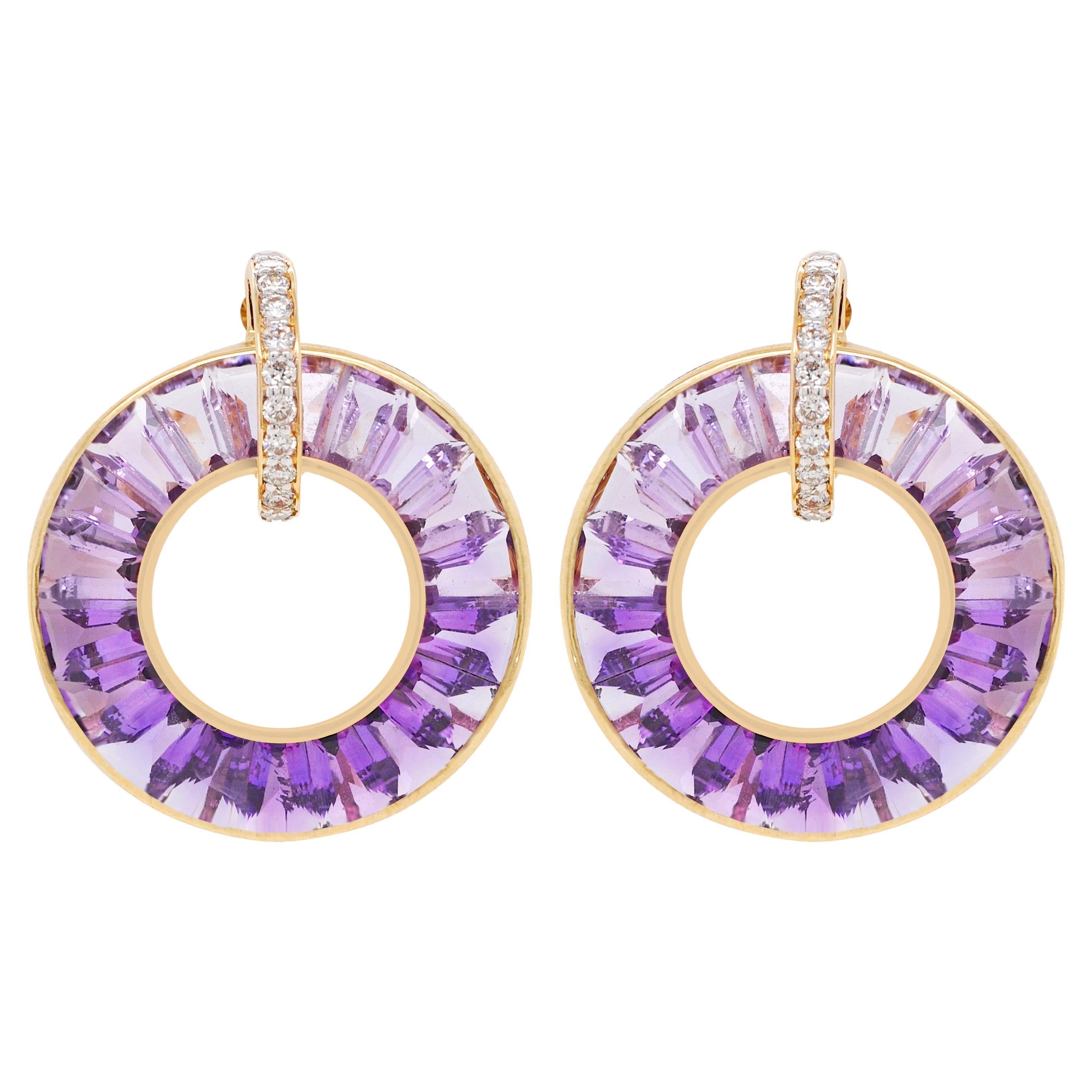 18 Karat Yellow Gold Tapered Baguettes Amethyst Diamond Circle Earrings For Sale