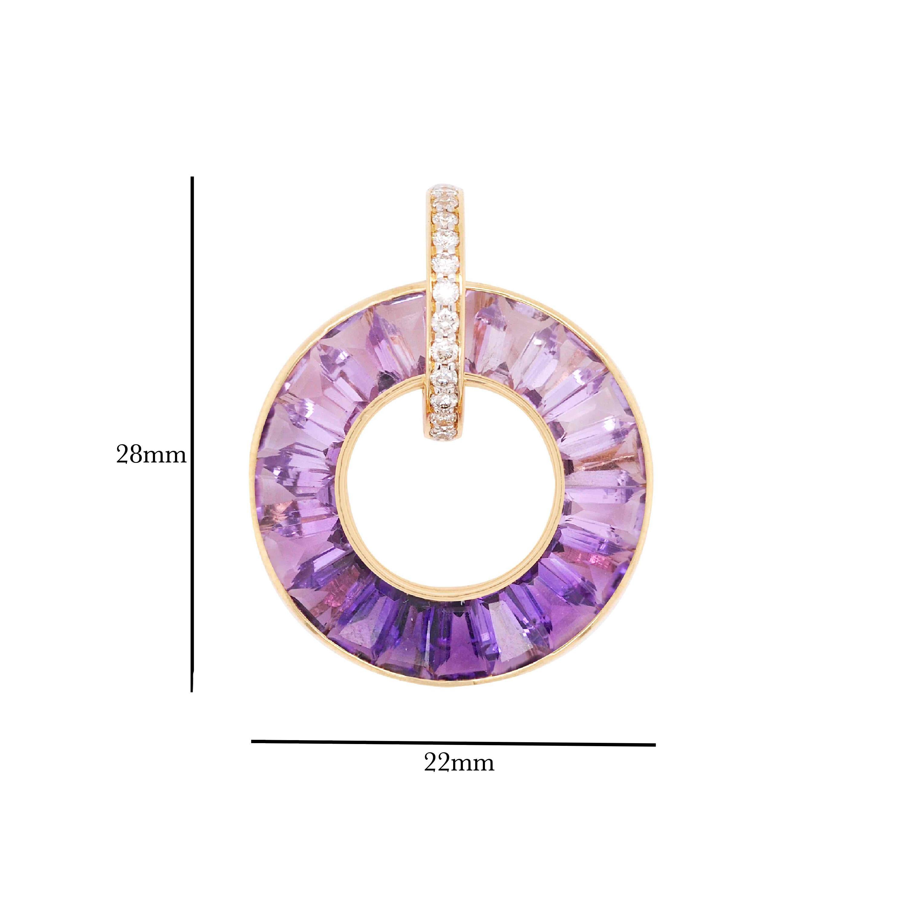 18 Karat Yellow Gold Tapered Baguettes Amethyst Diamond Circle Pendant Necklace For Sale 1