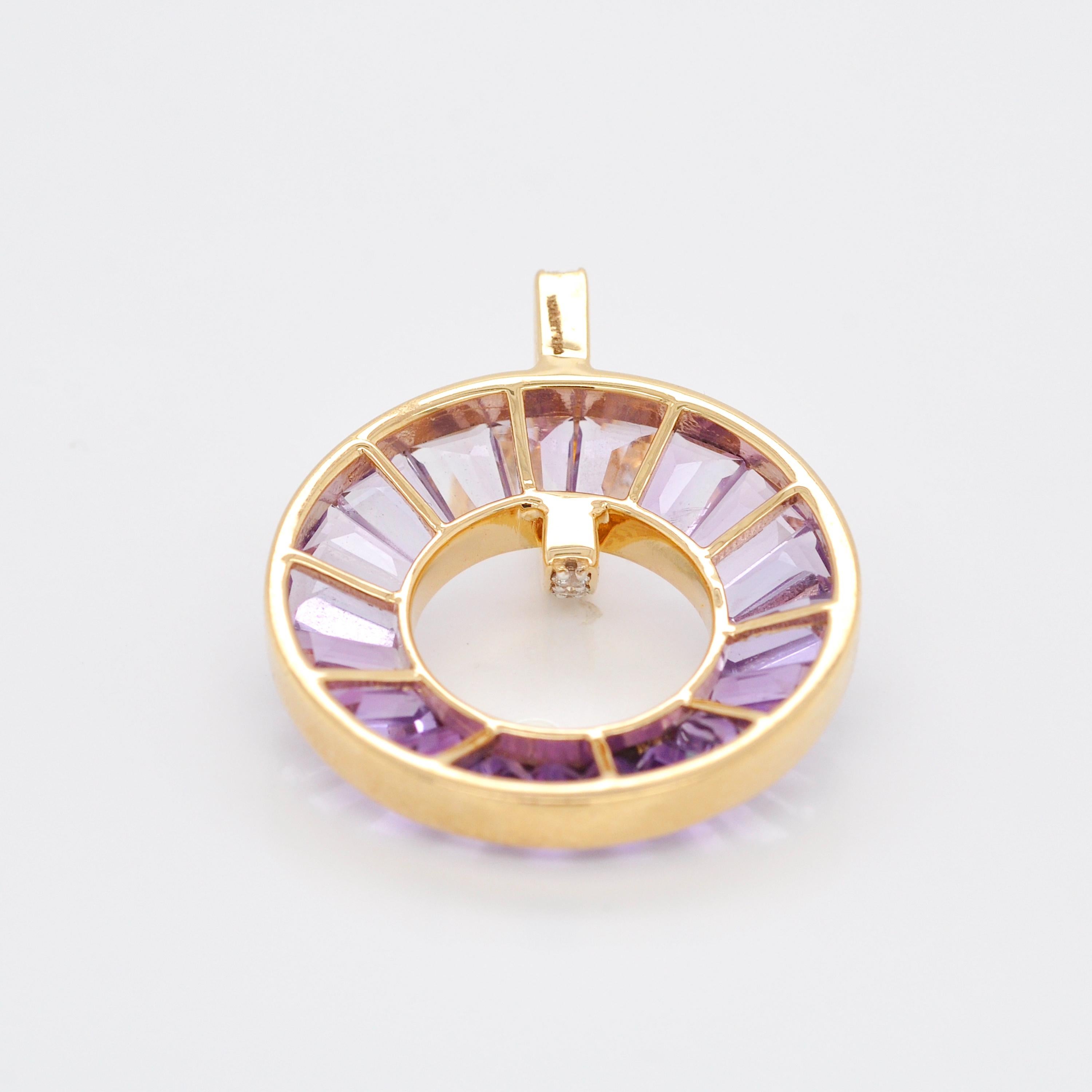 18 Karat Yellow Gold Tapered Baguettes Amethyst Diamond Circle Pendant Necklace For Sale 4