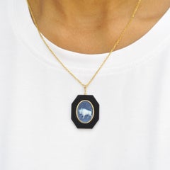 Taurus Zodiac Agate Cameo Black Onyx Gold Pendant Necklace