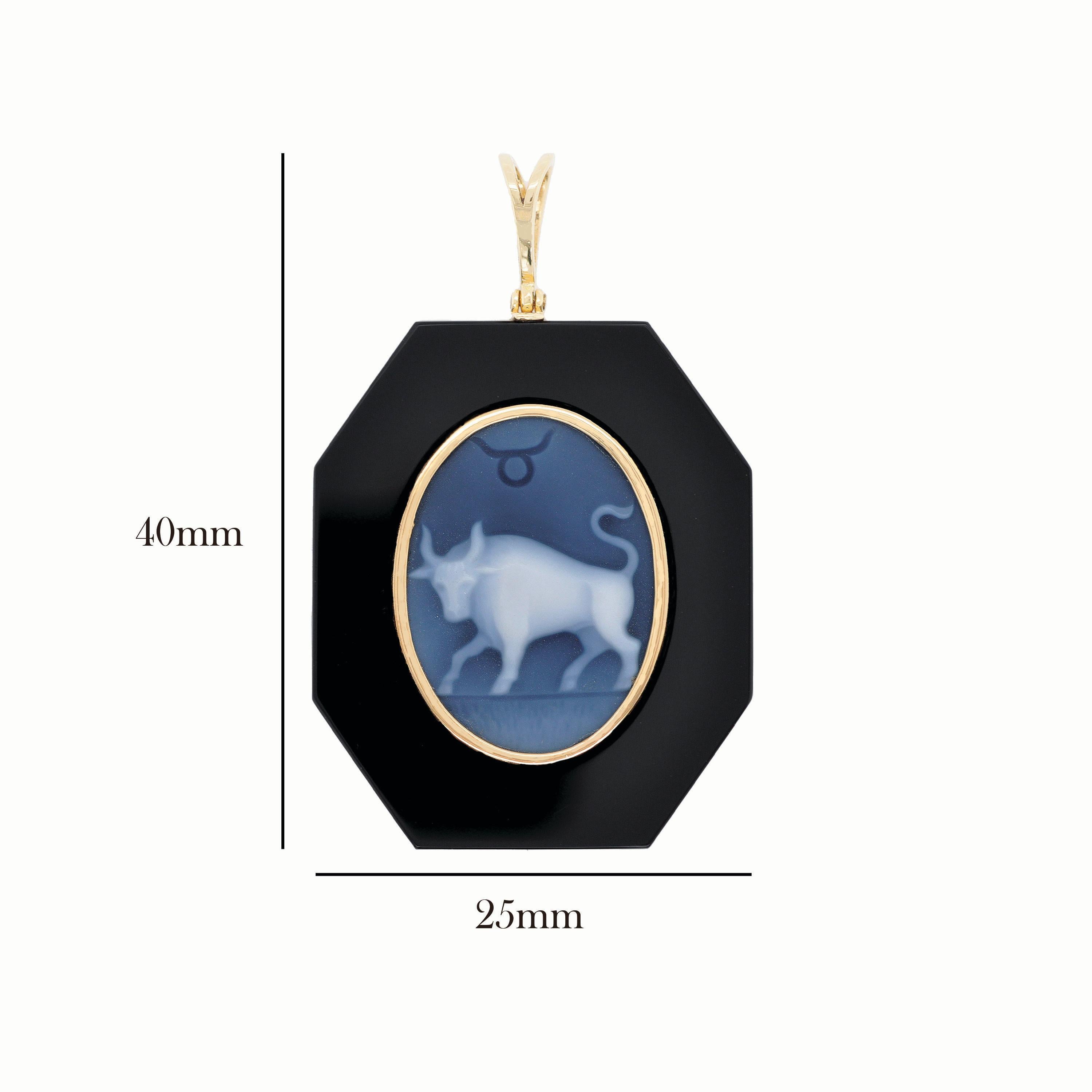 18 Karat Yellow Gold Taurus Zodiac Agate Cameo Black Onyx Pendant Necklace For Sale 1