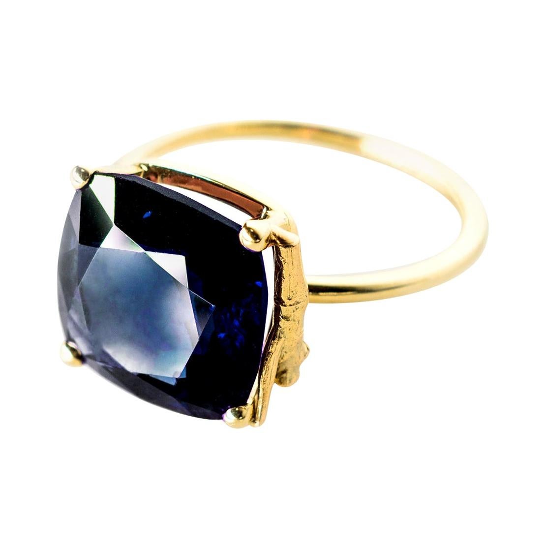 Eighteen Karat Yellow Gold Tea Contemporary Ring with Two Carats Sapphire For Sale