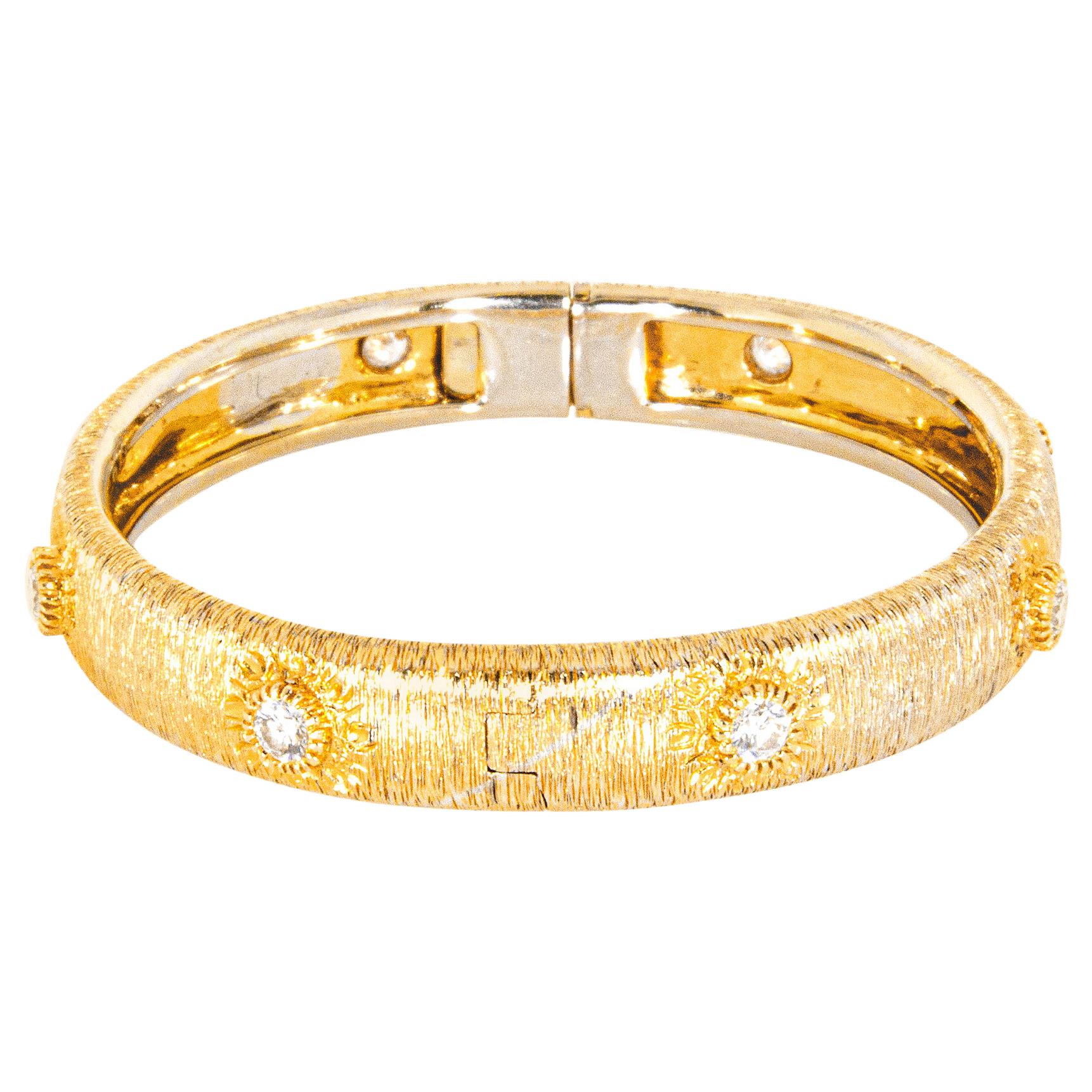 18 Karat Yellow Gold Textured Diamond Bangle Bracelet