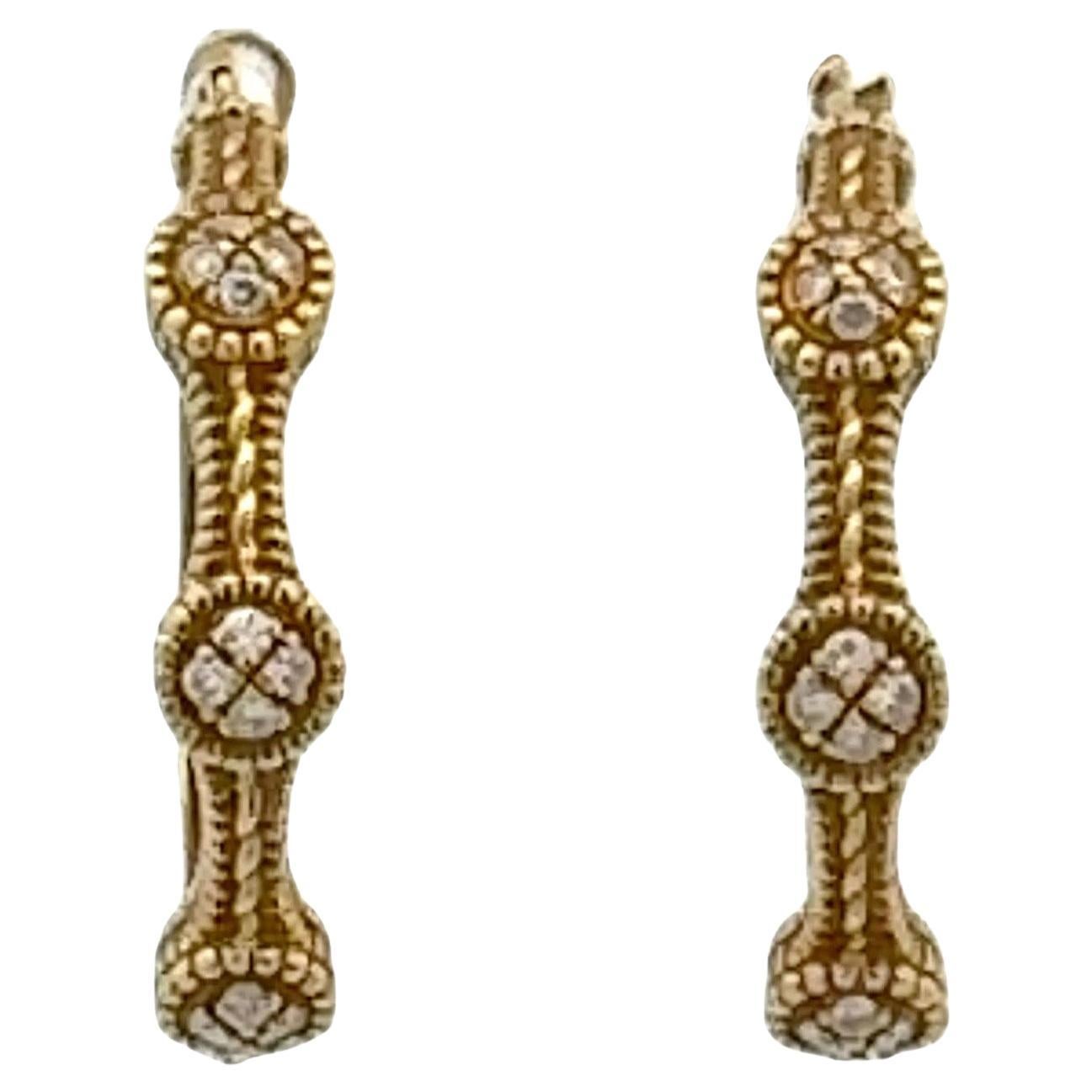 18 Karat Yellow Gold Textured Diamond Station Hoop Leverback Earrings
