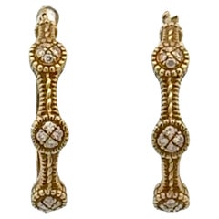 18 Karat Yellow Gold Textured Diamond Station Hoop Leverback Earrings