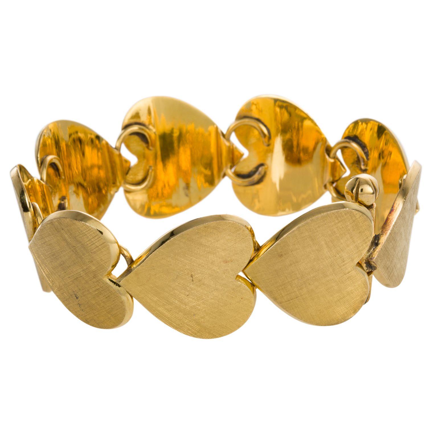 Retro 18 Karat Yellow Gold Textured Heart Bracelet For Sale