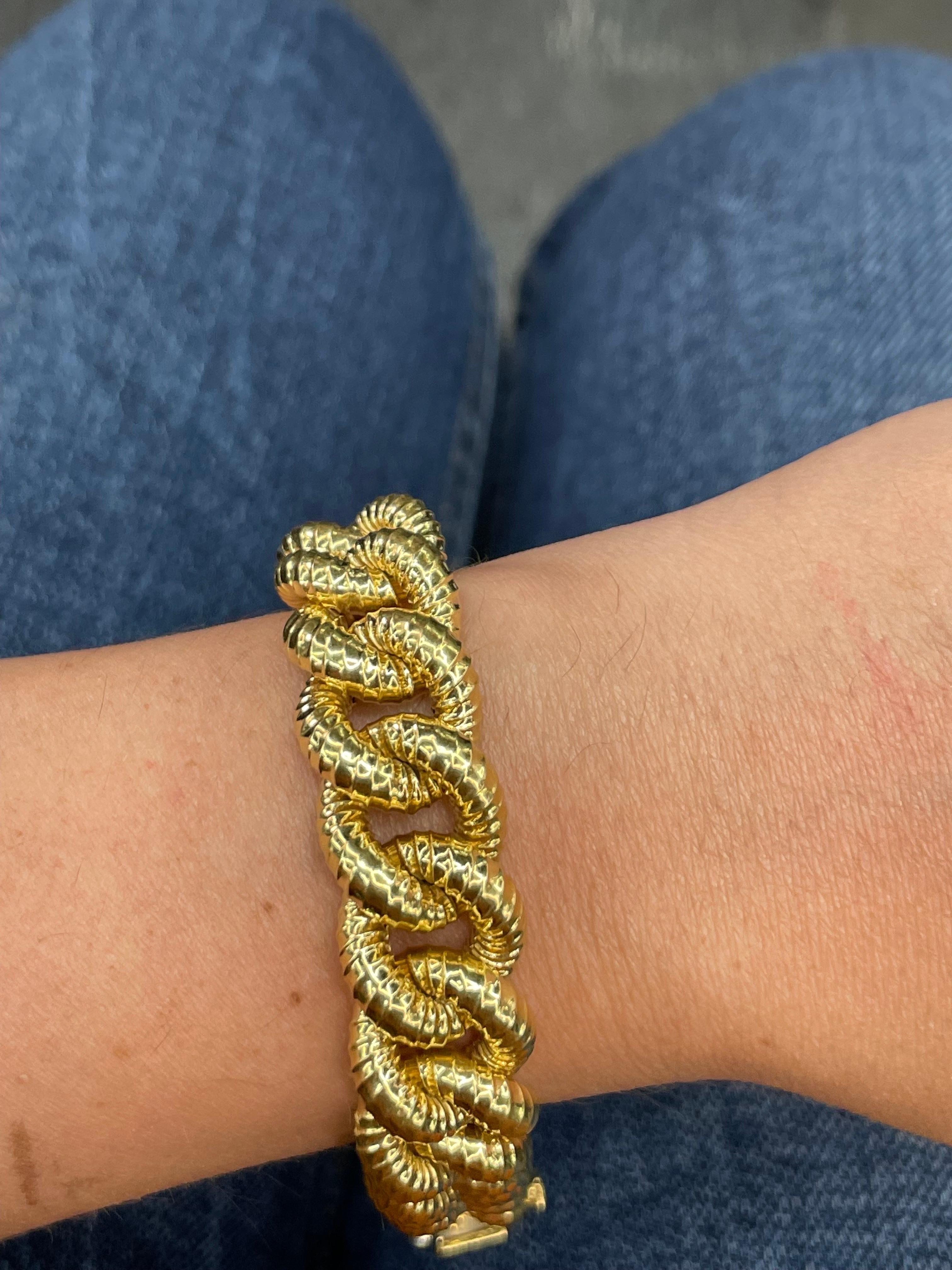 Women's 18 Karat Yellow Gold Textured Link Bracelet 34.9 Grams For Sale