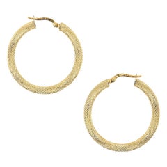18 Karat Yellow Gold Reverse Textured and Plain Hoop Earrings