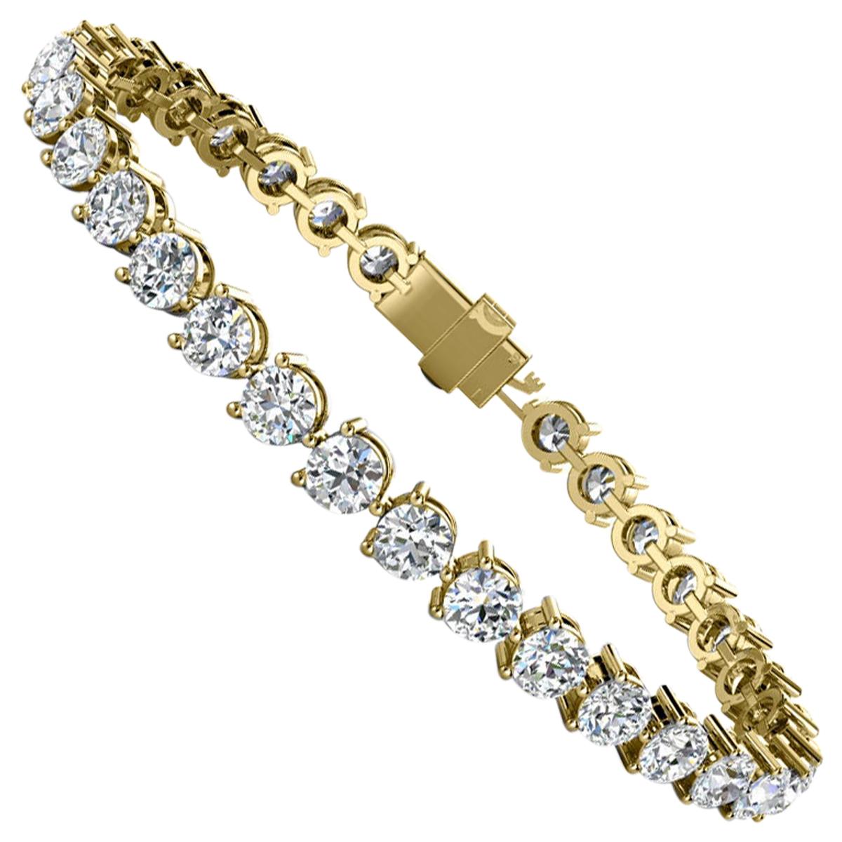 18 Karat Yellow Gold Three Prongs Diamond Tennis Bracelet '10 Carat' For Sale