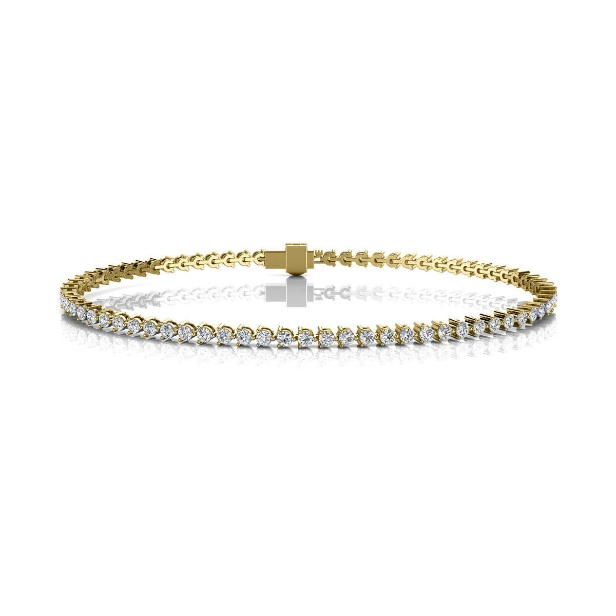 A timeless three prongs diamonds tennis bracelet. Experience the Difference!

Product details: 

Center Gemstone Type: NATURAL DIAMOND
Center Gemstone Color: WHITE
Center Gemstone Shape: ROUND
Center Diamond Carat Weight: 2
Metal: 18K Yellow