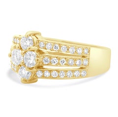 18 Karat Yellow Gold Three Row Diamond Cluster Ring