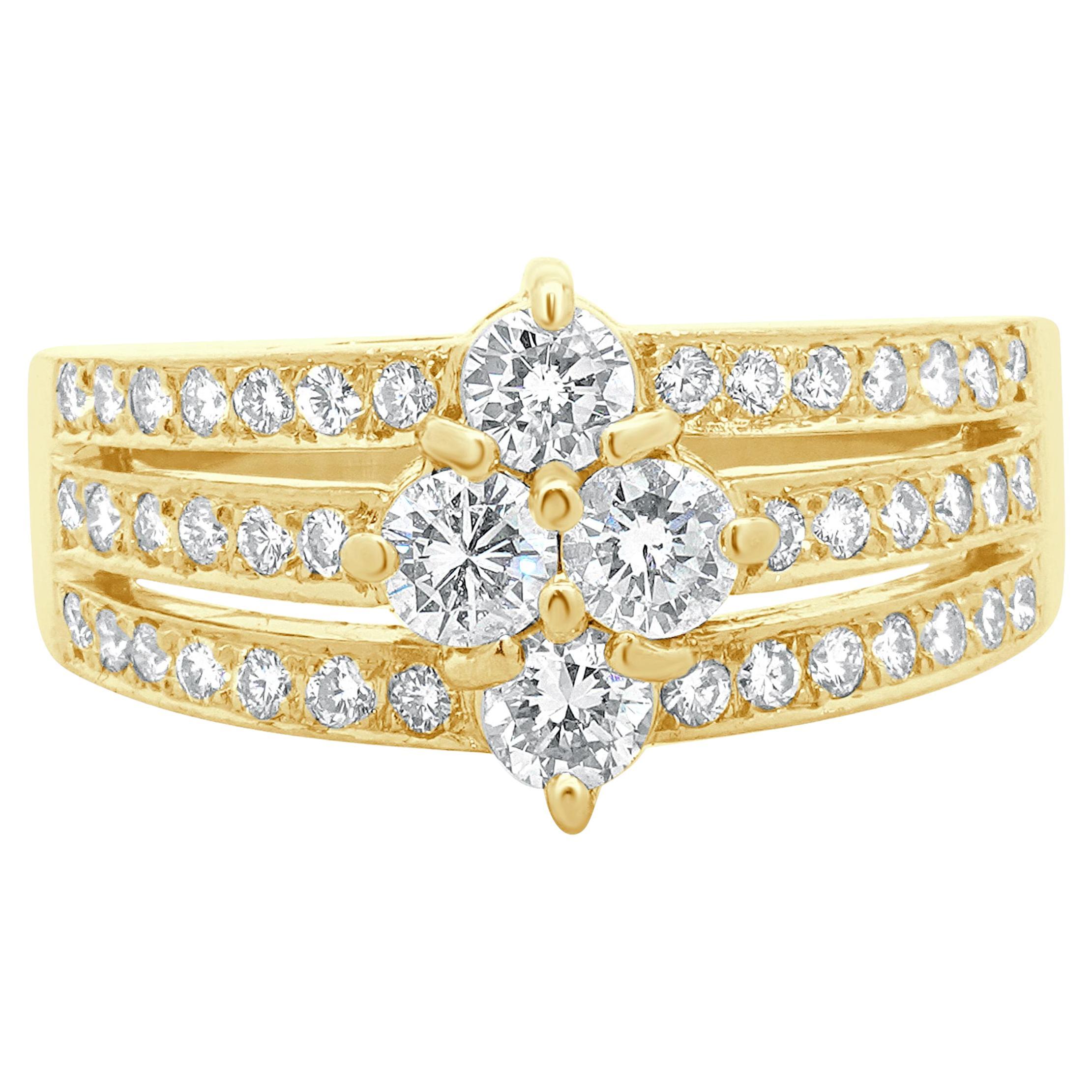 18 Karat Yellow Gold Three Row Diamond Cluster Ring