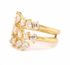 18 Karat Yellow Gold Three Row Pear and Baguette Diamond Bypass Ring
