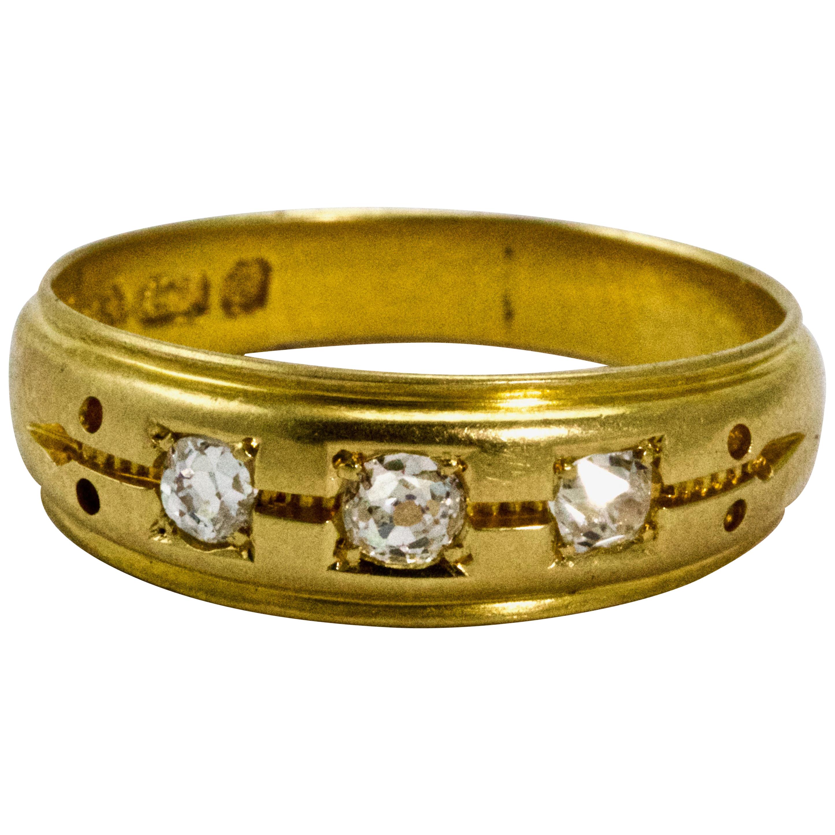 18 Karat Yellow Gold Three Stone Diamond Gypsy Ring, circa 1880