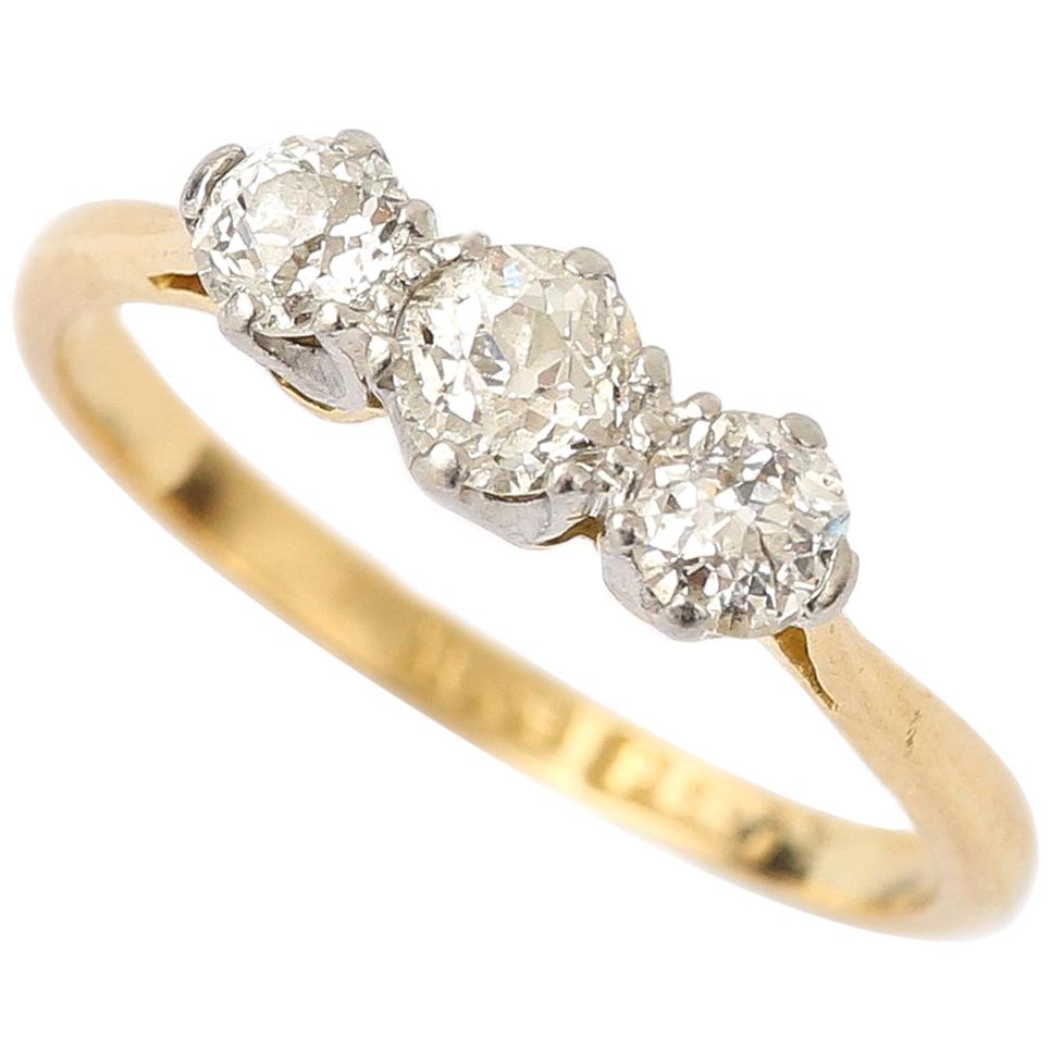 18 Karat Yellow Gold Three-Stone Old Mine Cut Diamond 0.51 Carat Ring