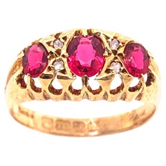 18 Karat Yellow Gold Three-Stone Ruby Ring Band with Diamond Accents