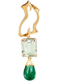 Eighteen Karat Yellow Gold Tibetan Drop Earrings with Emeralds and Prasiolites