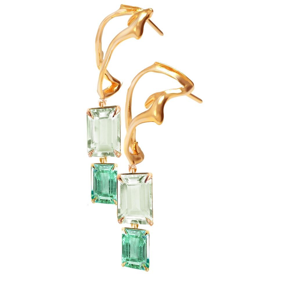 Octagon Cut Eighteen Karat Yellow Gold Tibetan Drop Earrings with Green Emeralds For Sale