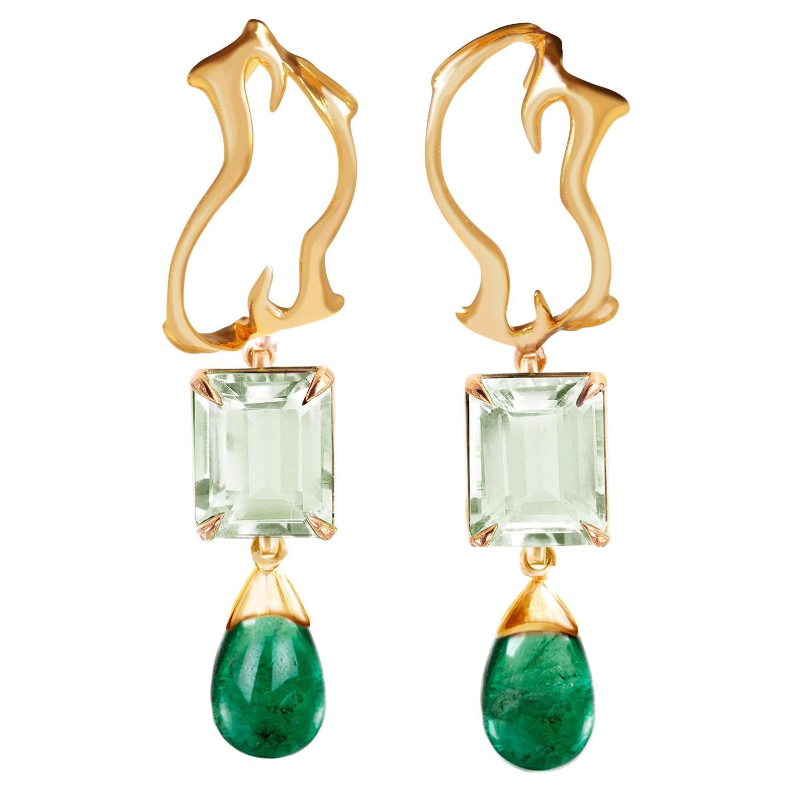 Eighteen Karat Yellow Gold Tibetan Drop Earrings with Emeralds and Prasiolites For Sale