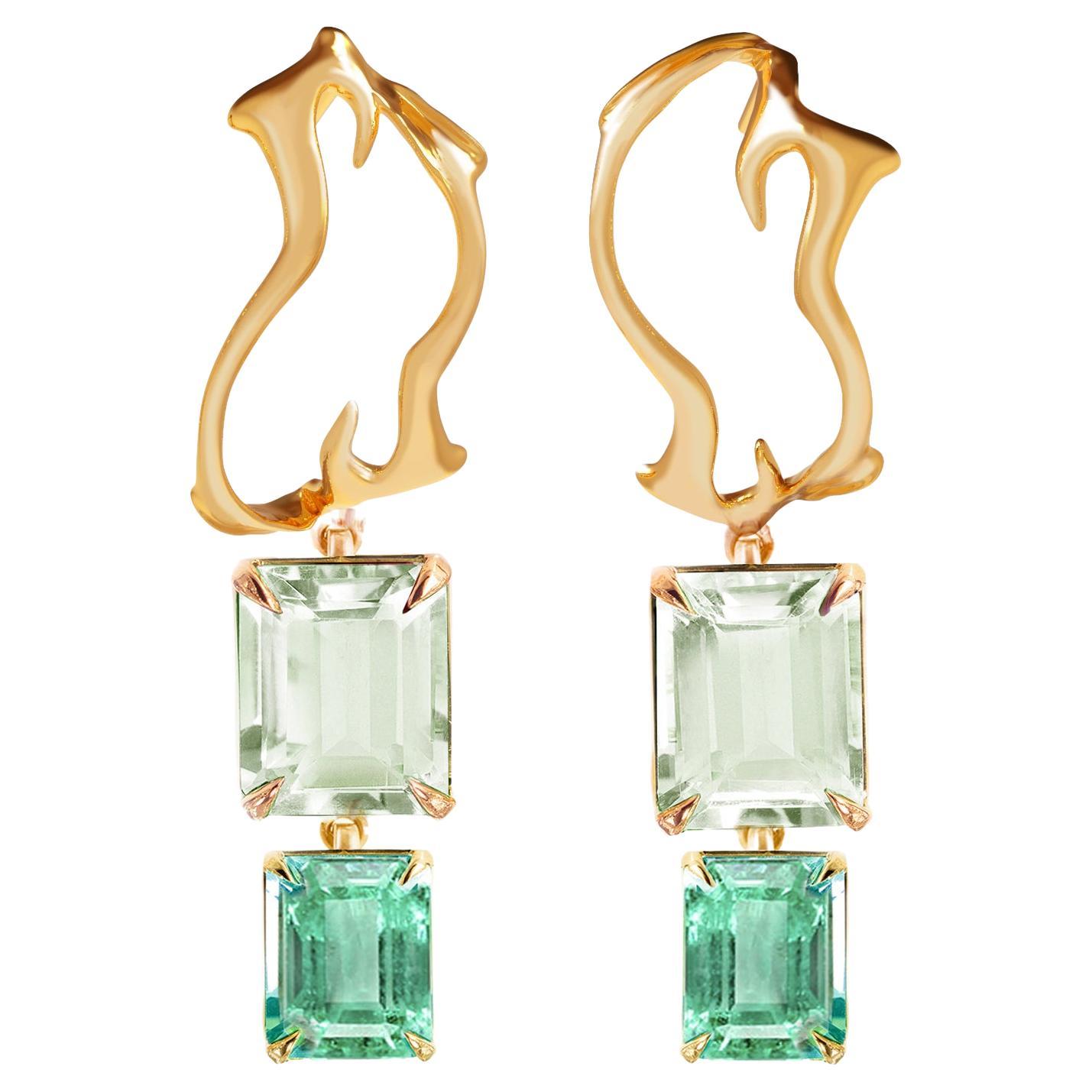 Eighteen Karat Yellow Gold Tibetan Drop Earrings with Green Emeralds For Sale