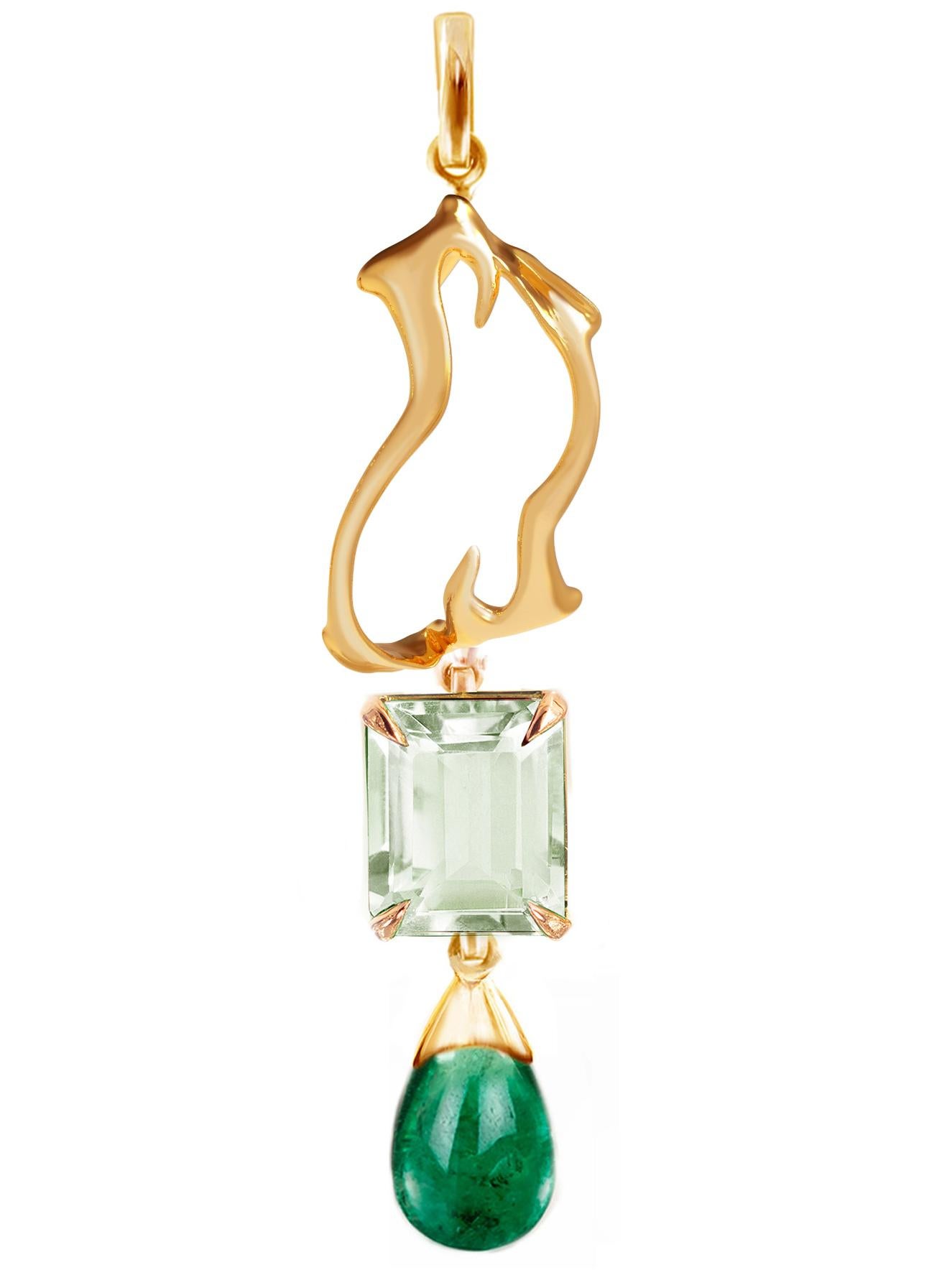 This contemporary drop pendant necklace is made of 18 karat yellow gold with detachable green quartz and emerald. The highest quality gold has liquid sparkling surface as the perfect jewellery highlight. The work is made by the fine jewellery