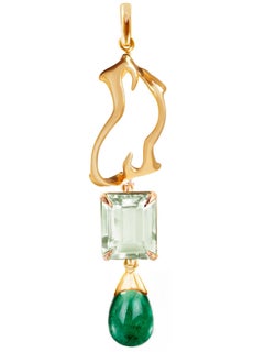 18 Karat Yellow Gold Tibetan Drop Pendant Necklace with Detachable Green Emerald