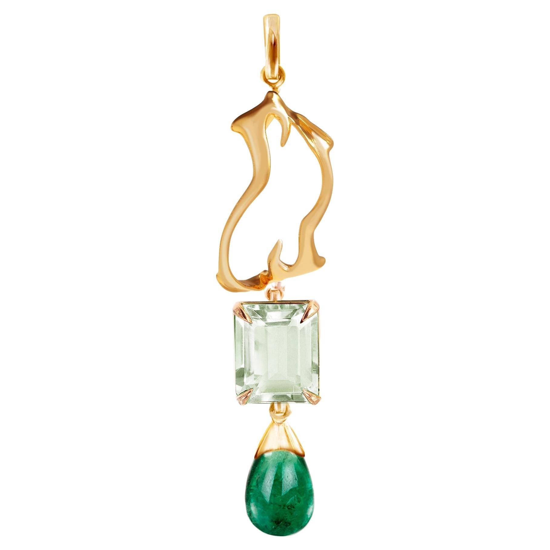 Eighteen Karat Yellow Gold Tibetan Drop Pendant Necklace with Emerald  For Sale