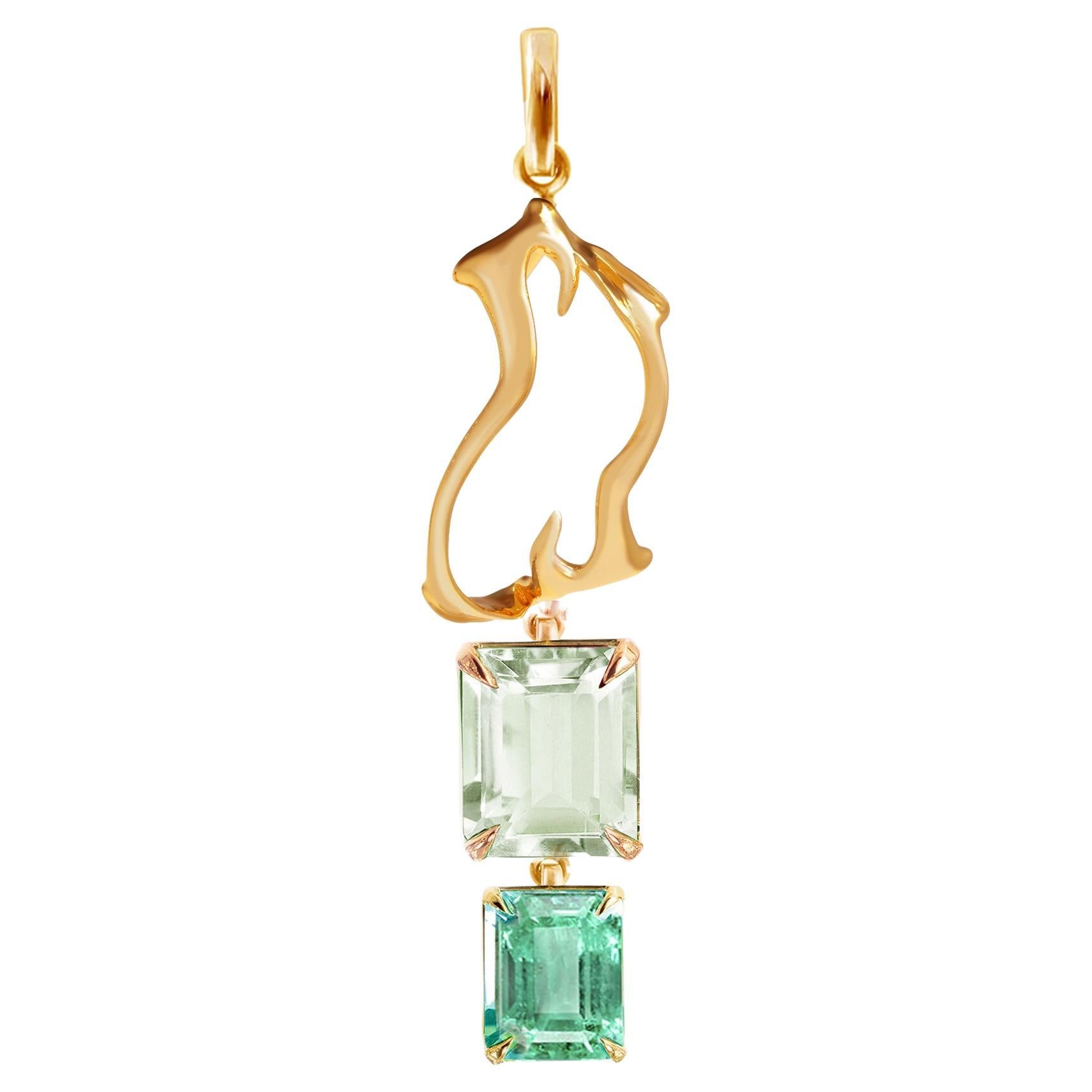 18 Karat Yellow Gold Tibetan Drop Pendant Necklace with Detachable Green Emerald For Sale