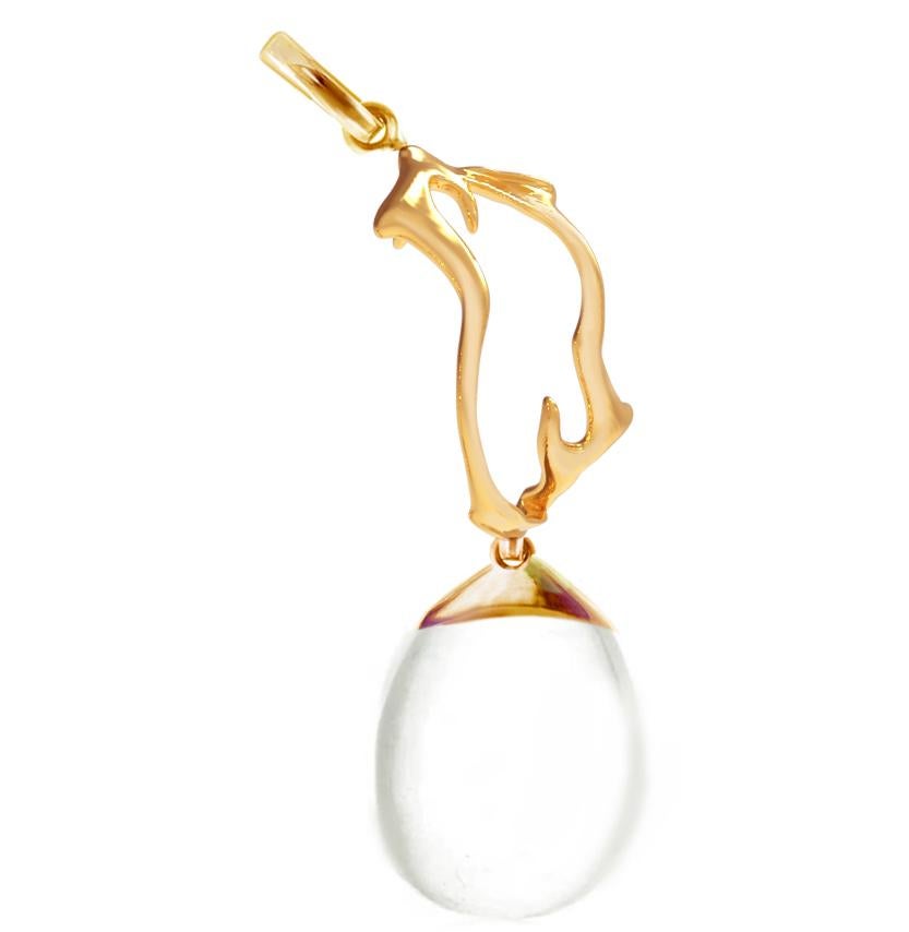 Cabochon Yellow Gold Tibetan Drop Pendant Necklace with Detachable Quartz For Sale