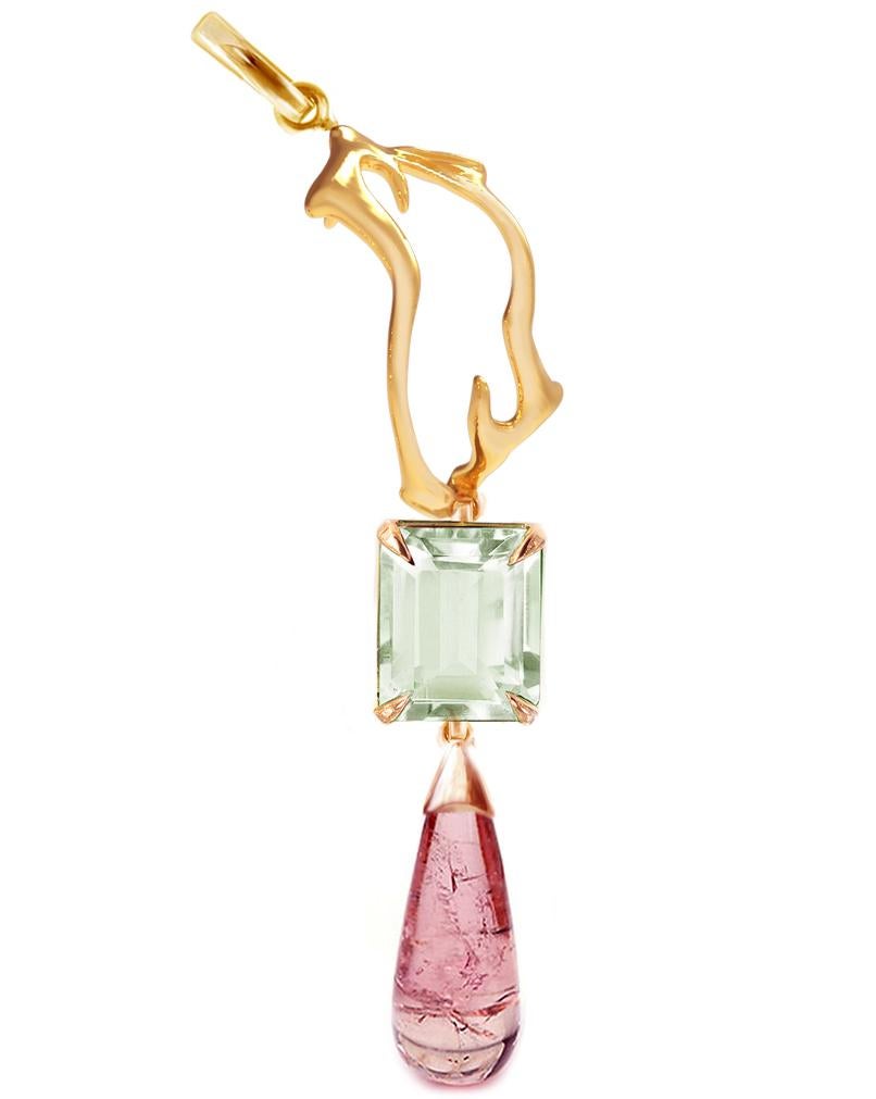 Contemporary Eighteen Karat Yellow Gold Tibetan Drop Pendant Necklace with Pink Tourmaline For Sale