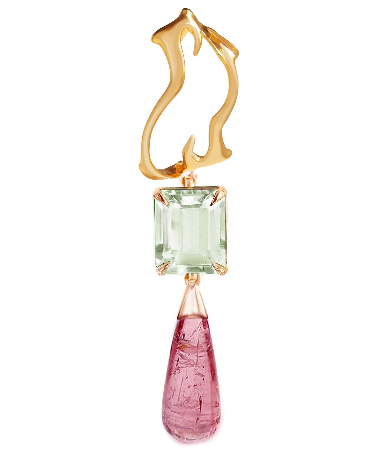 Eighteen Karat Yellow Gold Tibetan Drop Pendant Necklace with Pink Tourmaline For Sale 3