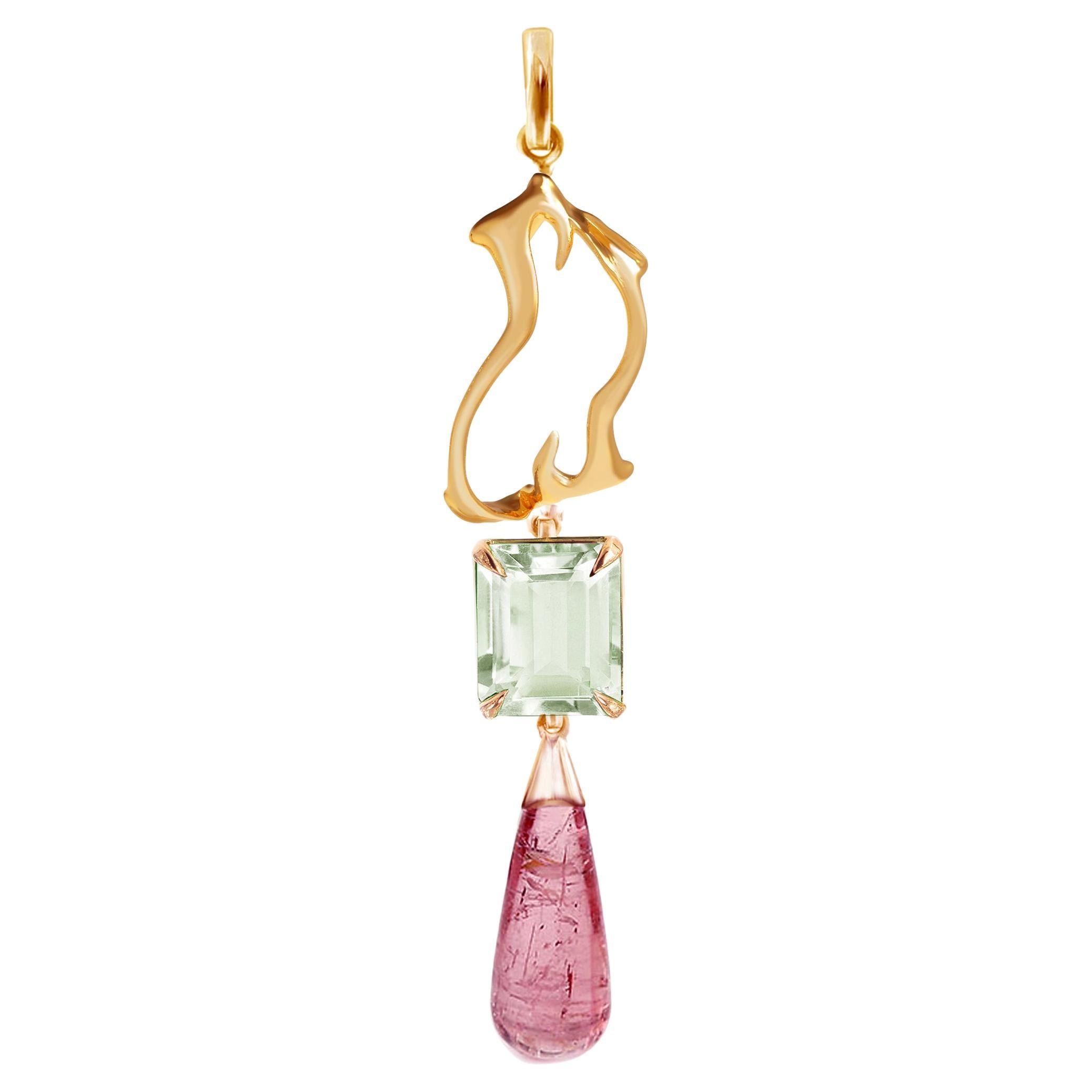 Eighteen Karat Yellow Gold Tibetan Drop Pendant Necklace with Pink Tourmaline For Sale