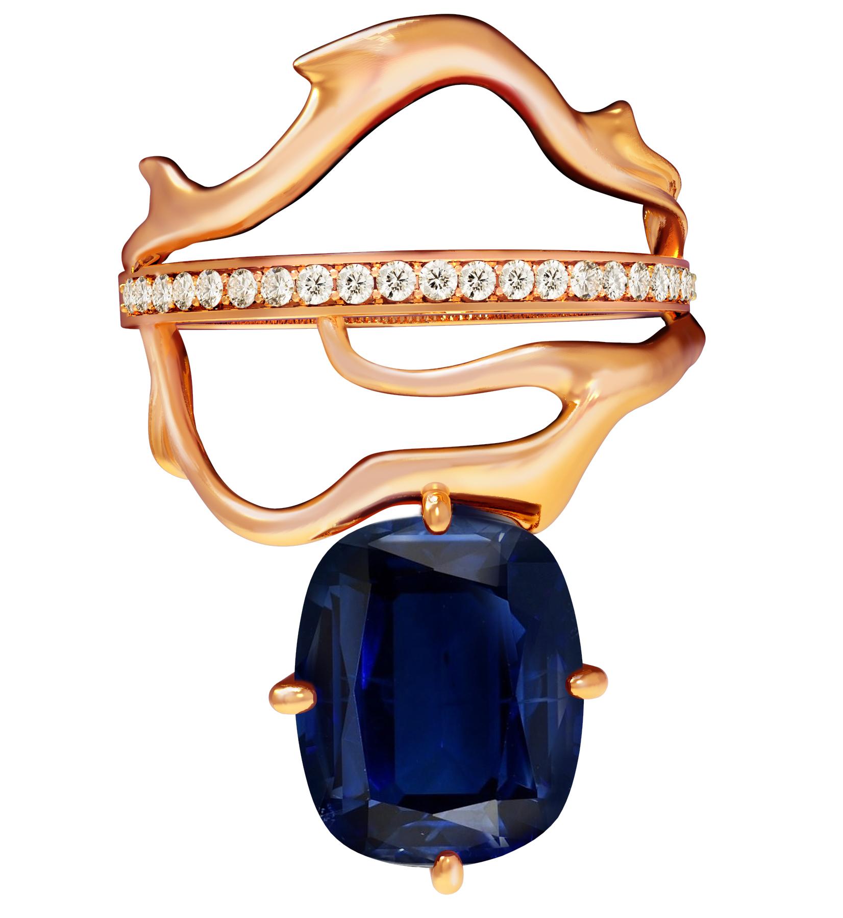 18 Karat Yellow Gold Contemporary Cocktail Ring with Sapphire and Diamonds For Sale 1