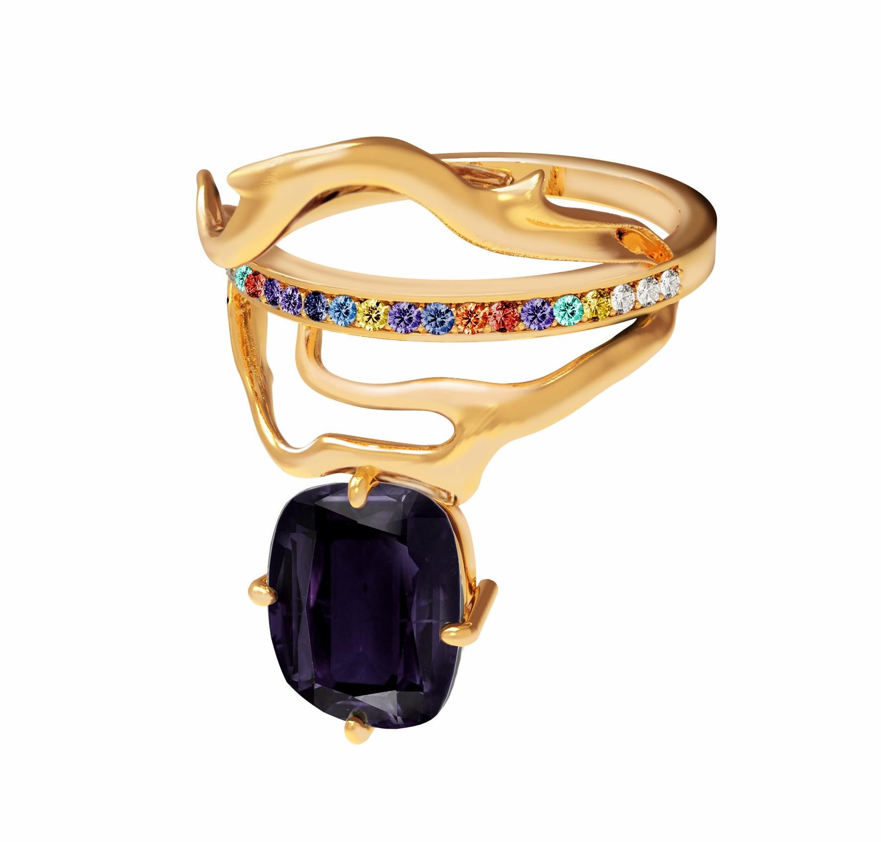 Women's Yellow Gold Cushion Spinel Tibetan Contemporary Dimensional Ring with Sapphires  For Sale