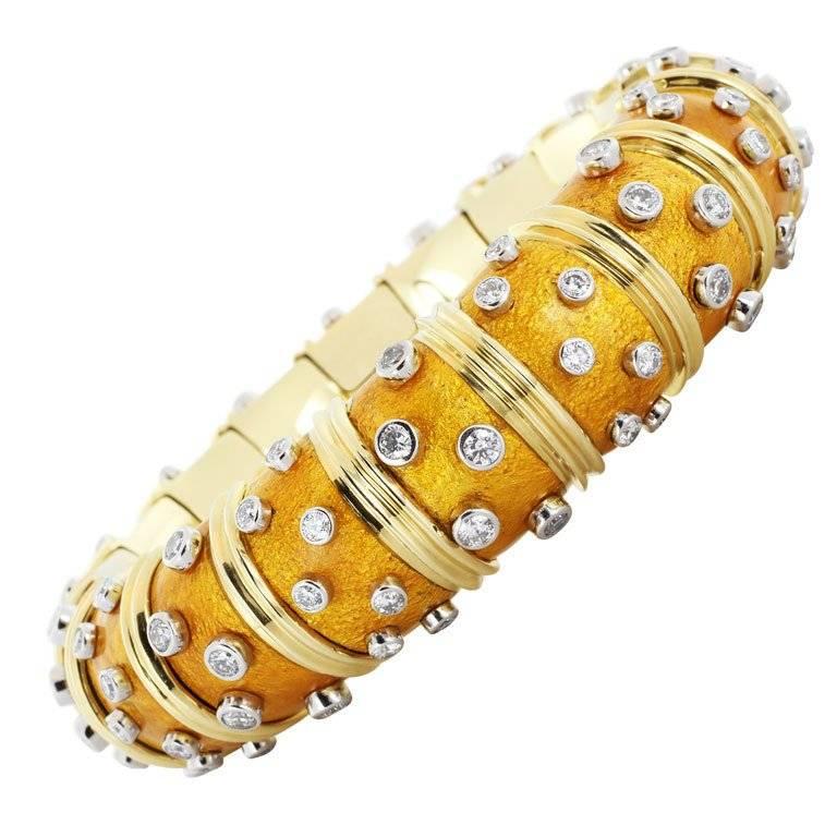 18 Karat Yellow Gold Tiffany Schlumberger Golden Diamond Paillone Enamel Bangle For Sale