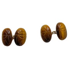 18 Karat Yellow Gold Tiger’s Eye Beetles Cufflinks Lapis Carnelian Amethyst