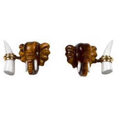 18 Karat Yellow Gold Tiger's Eye Elephant Heads Diamond Cufflinks