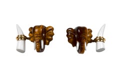 18 Karat Yellow Gold Tiger's Eye Elephant Heads Diamond Cufflinks