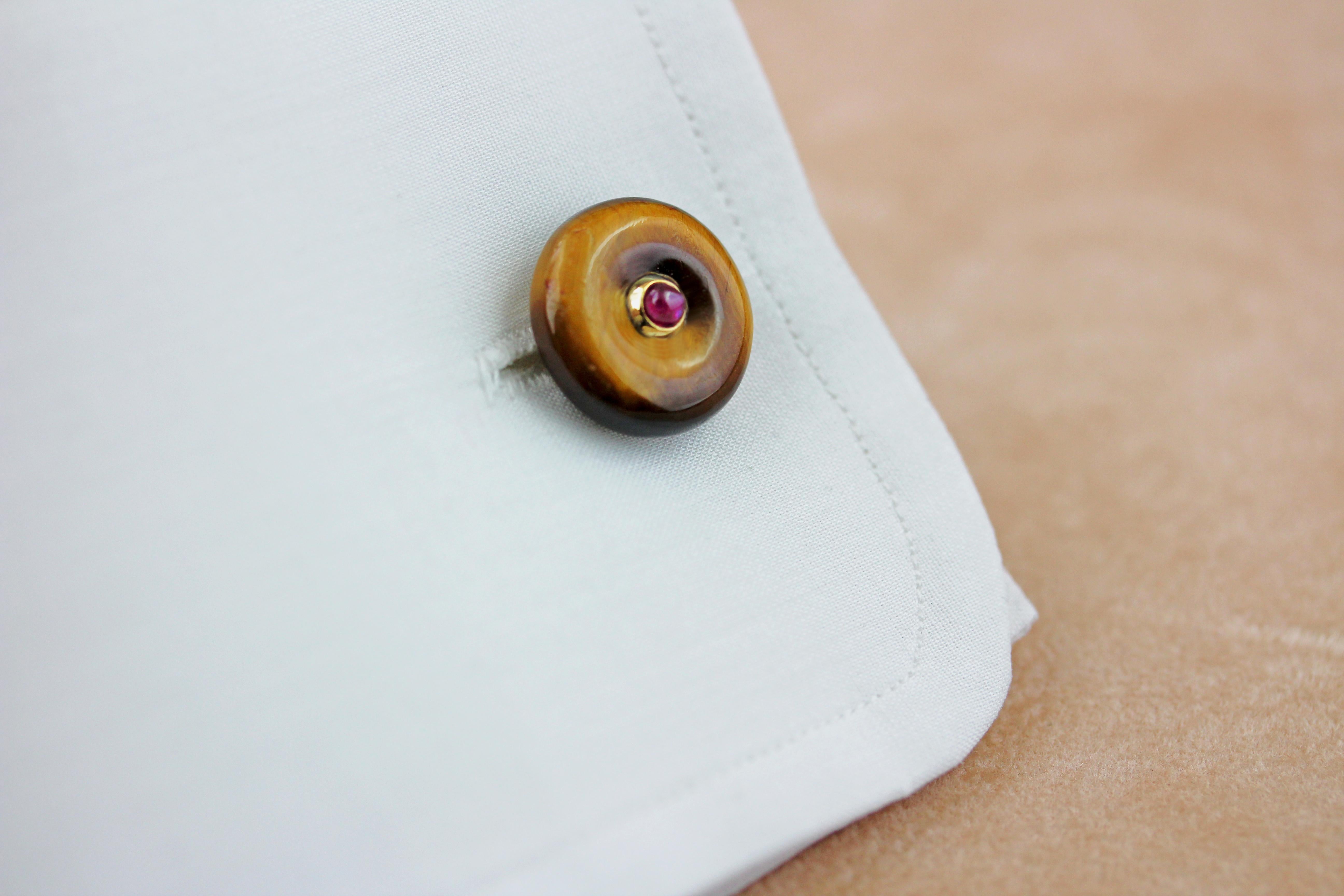 Women's or Men's 18 Karat Yellow Gold Tiger’s Eye Rubies Double Round Cufflinks