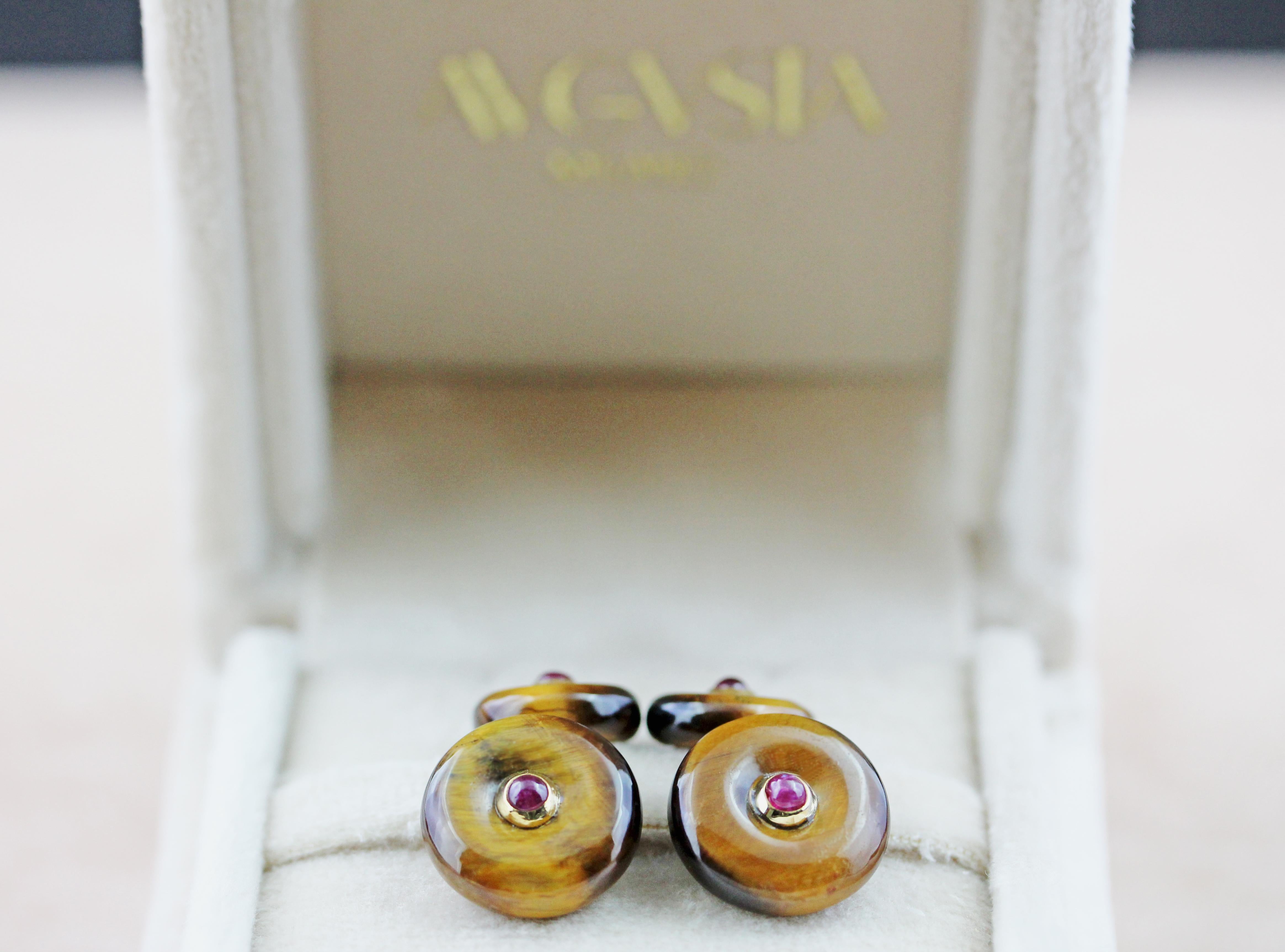 18 Karat Yellow Gold Tiger’s Eye Rubies Double Round Cufflinks 1