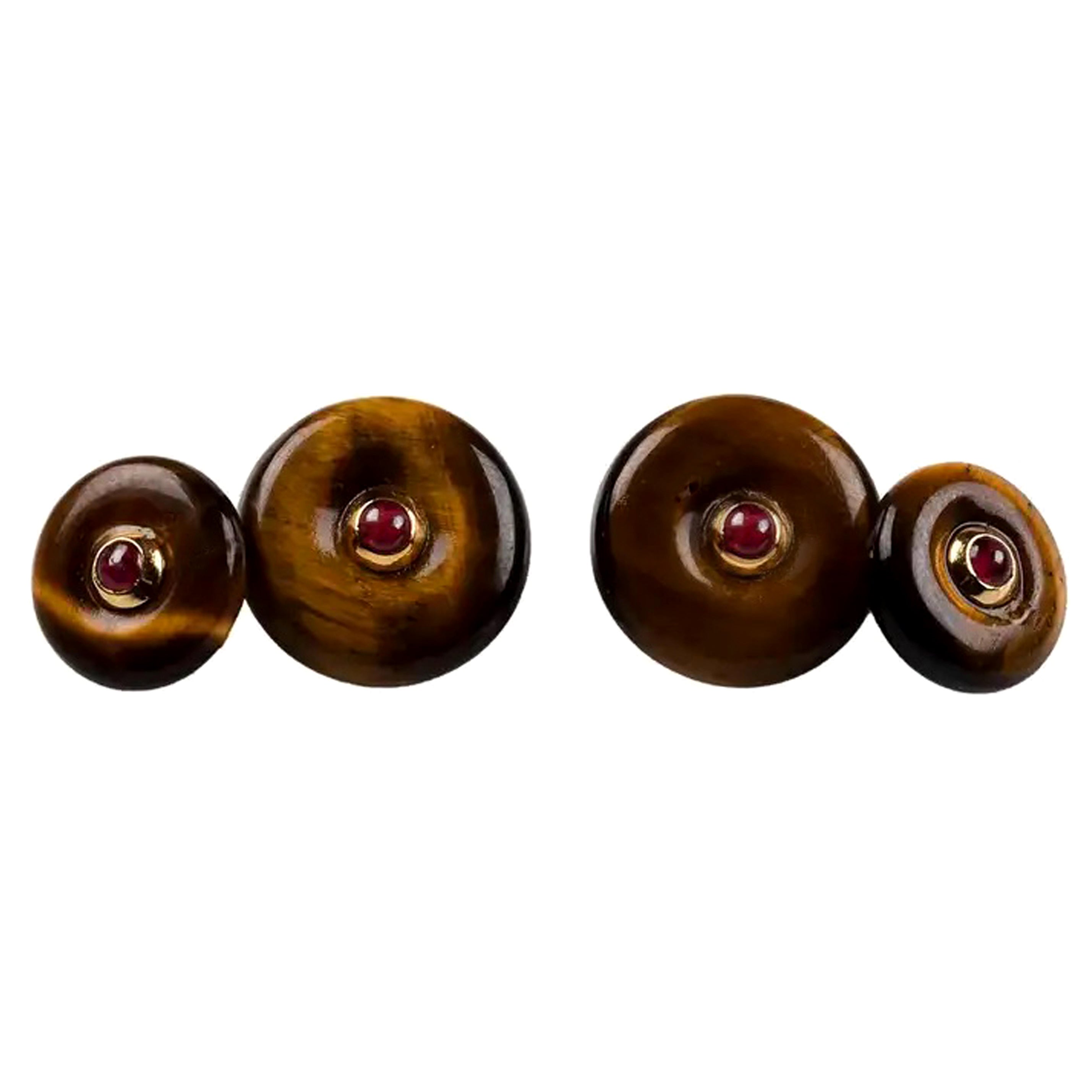 18 Karat Yellow Gold Tiger’s Eye Rubies Double Round Cufflinks