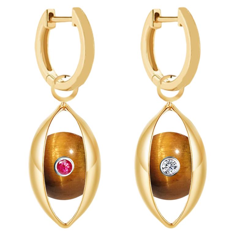 Eye Unisex Hoop Earrings 18 Karat Yellow Gold Tigers Eye Ruby Diamond For Sale
