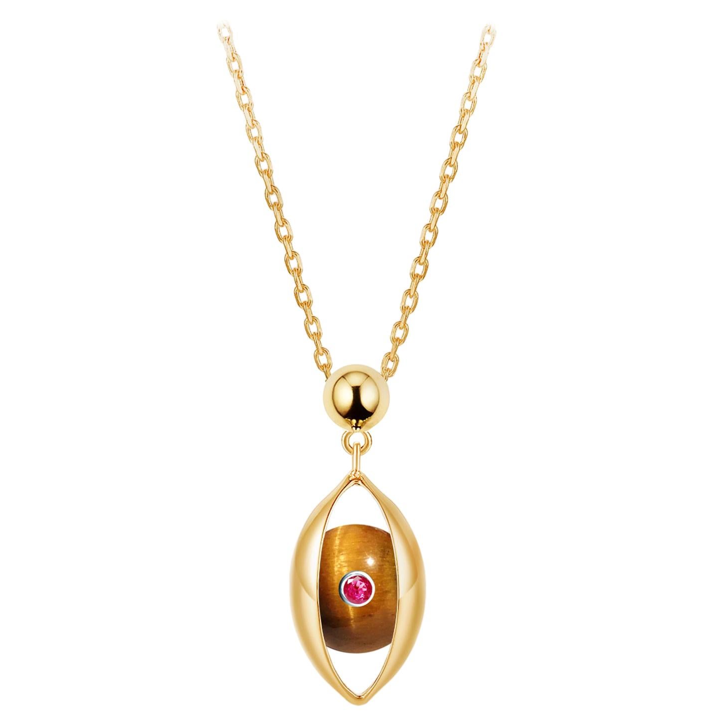 Eye Unisex Chain Pendent Necklace 18 Karat Yellow Gold Tigers Eye Ruby Diamond For Sale