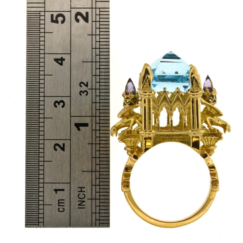 La Gargouille Cathedral Ring 18 Karat Yellow Gold Topaz and Amethyst For Sale 3