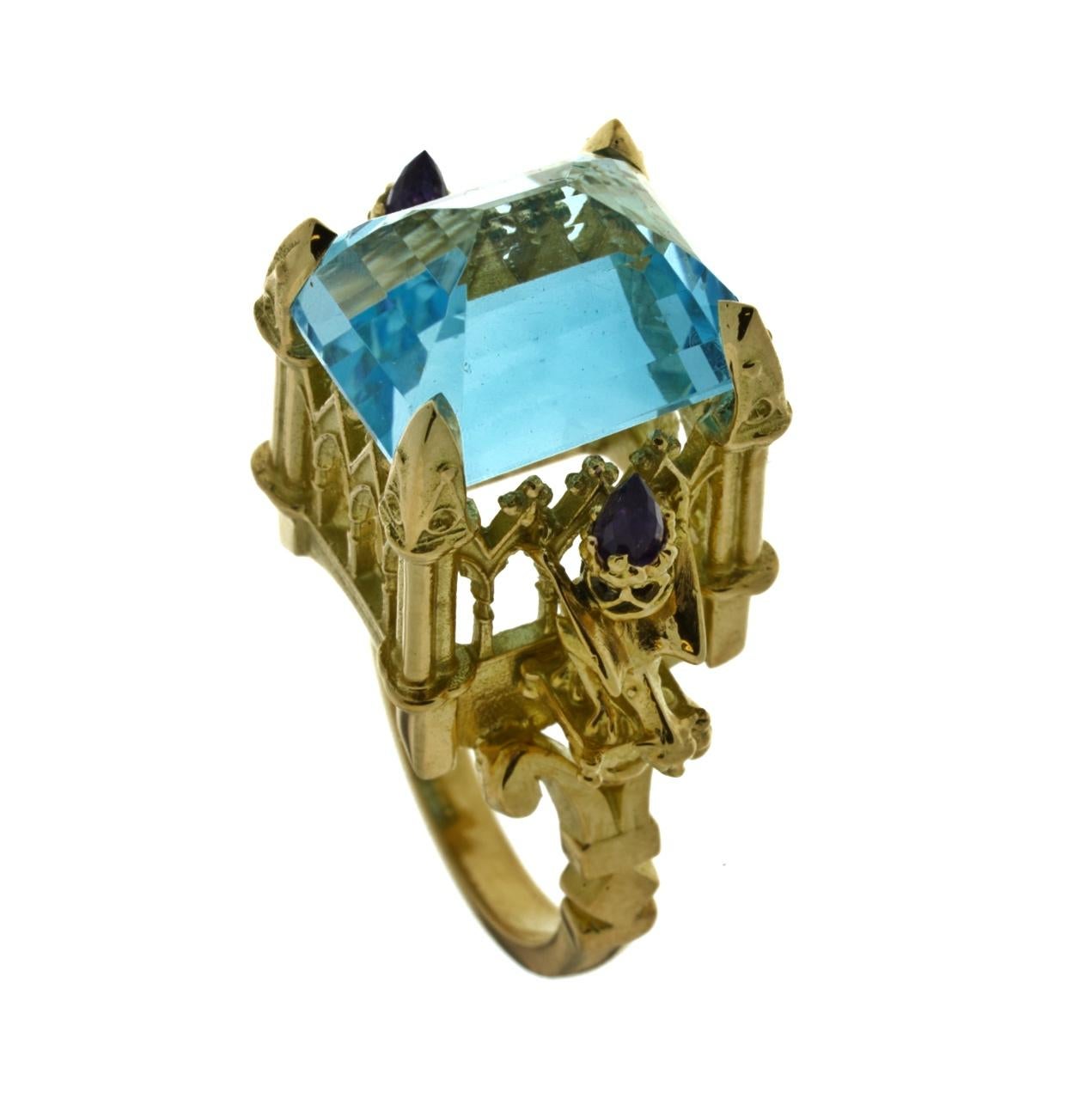 Gothic Revival La Gargouille Cathedral Ring 18 Karat Yellow Gold Topaz and Amethyst For Sale