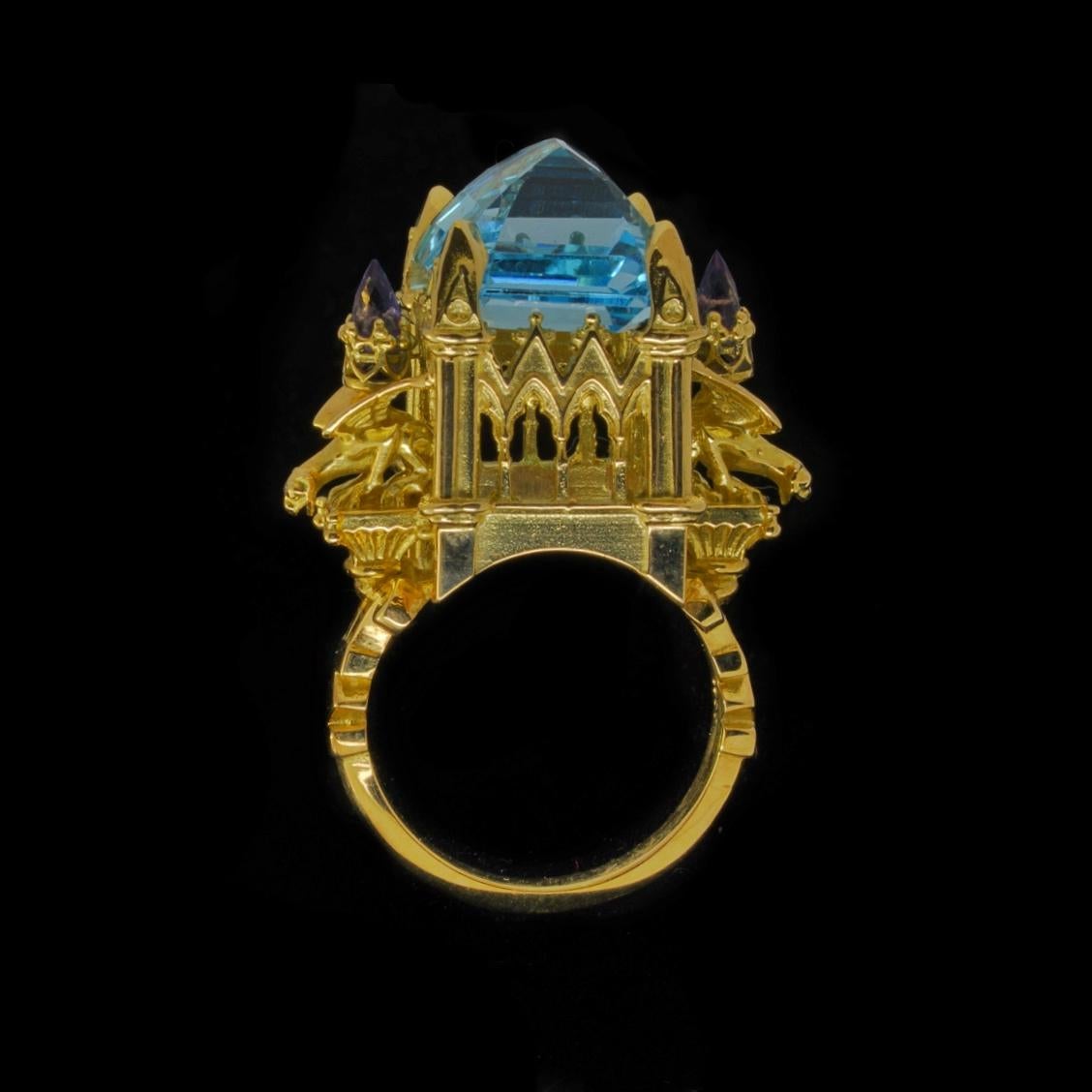 Emerald Cut La Gargouille Cathedral Ring 18 Karat Yellow Gold Topaz and Amethyst For Sale